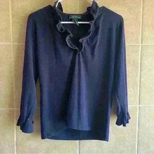 Lauren by Ralph Lauren Navy Ruffle Neck and Sleeve Top Shirt Size Large